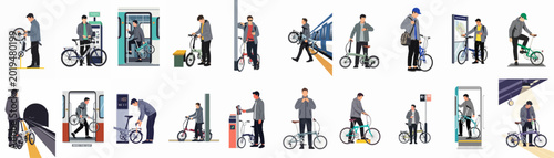 Foto Set of vector illustrations depicting a male commuter using a folding bicycle for multimodal travel across various public transportation and train station scenarios