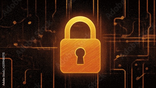 Glowing golden padlock symbolizing digital security and data protection on circuit board