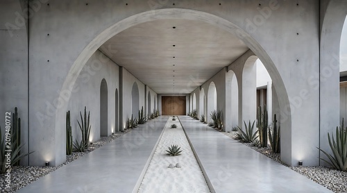 Modern concrete building hallway with symmetrical arches and desert plants