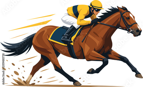 Fotografie Jockey riding a brown racehorse at full speed horse racing