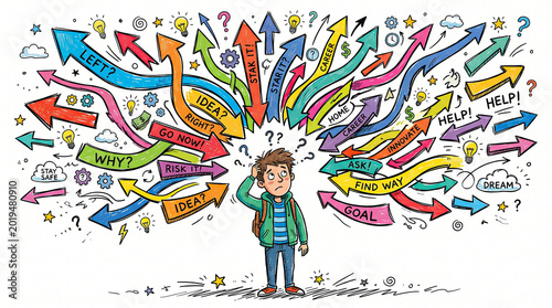 Illustration of confused student with backpack pondering numerous life and career decisions, surrounded by arrows.