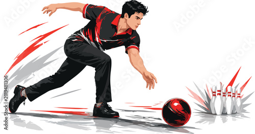 Foto Man bowling a red and black ball towards pins bowler