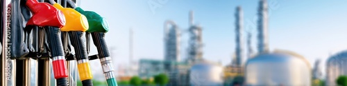 Colorful gasoline pump nozzles on fuel dispenser, oil refinery with distillation towers in blurred background, petroleum industry concept image with copy space