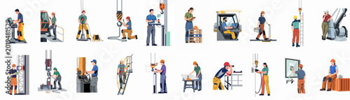 Schilderij op canvas Collection of industrial and port workers, operators, and engineers performing various professional tasks with machinery, cranes, and logistics equipment
