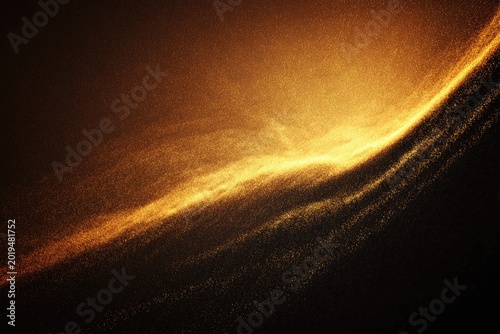 Golden particles swirl and glow, creating a luminous wave against dark