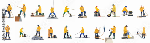 Foto Collection of vector illustrations depicting fishermen and dock workers in yellow raincoats handling ropes and bollards in various nautical tasks