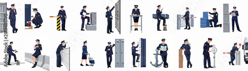 Schilderij op canvas Set of Customs Officers and Border Control Personnel in Different Professional S