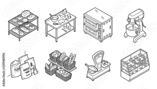 Isometric Line Art Icons: Bakery Equipment, Fresh Bread, and Ingredients Collection