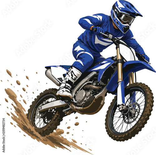 Fotografi Motocross rider in blue gear jumping with dirt splashing Keywords: motocross, mo
