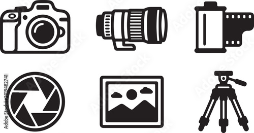Photos Photography and videography related line icons vector collection.