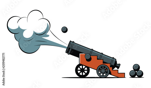 Bild auf Leinwand Vintage cannon firing with cannon balls flat illustration medieval weapon vector
