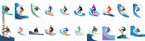 Photography Large collection of flat vector illustrations featuring diverse men and women in wetsuits surfing on stylized blue ocean waves, isolated on white background