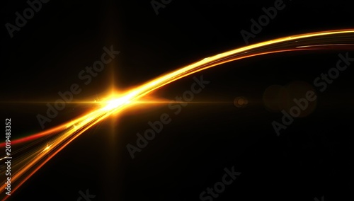 Abstract glowing light trails curve across a dark background