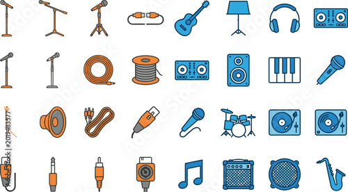 Schilderij op canvas Set of 30 Music and Audio Equipment Icons Featuring Microphones, Instruments, an