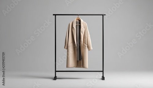 Elegant beige wool coat hanging on a simple black rack, studio shot