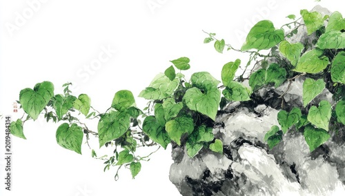 Vibrant green vines elegantly ascend a textured, monochromatic rock