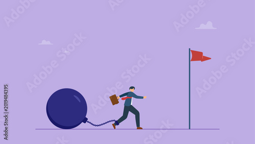 Bild auf Leinwand Struggling businessman trying to reach the flag of success