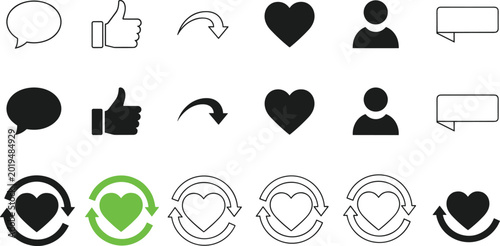 Photos Social media interaction icon set featuring likes comments favorites sharing com