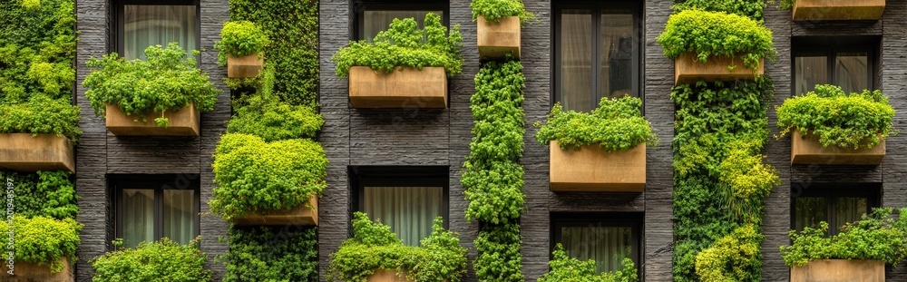 Fototapeta premium A modern building facade covered in lush green vertical gardens and planter boxes