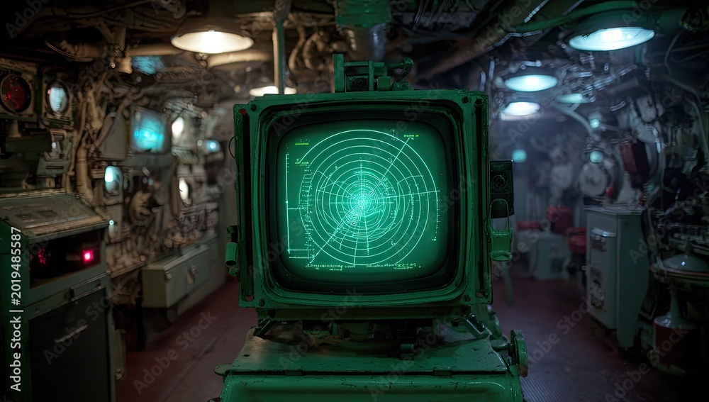 Fototapeta premium Vintage radar screen displays a circular, glowing green navigational grid in dimly lit room
