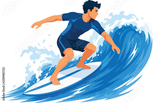Photography Surfer riding a blue wave on a white surfboard surfing