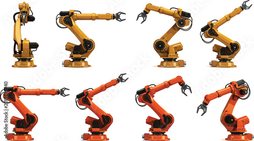 Tableau sur toile Industrial Robotic Arm Vector Icon Set with Yellow and Orange Mechanical Manipul
