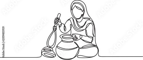 Tableau sur toile Punjabi girl churning curd and extracting butter clip art and symbol, Indian woman churning buttermilk