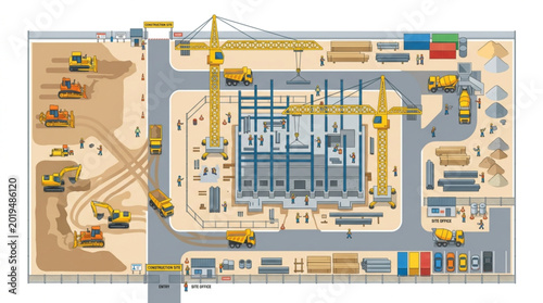 Photos Aerial view of a large construction site with heavy machinery and building under development