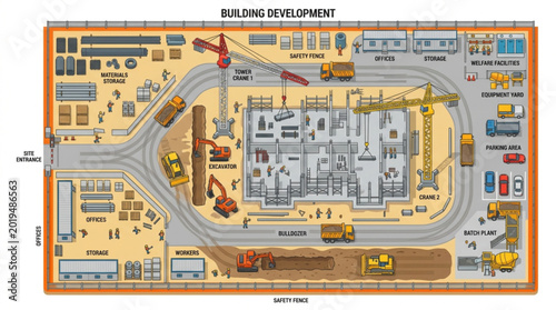 Aerial View of a Busy Construction Site with Heavy Machinery and Materials.