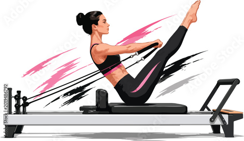 Foto Woman exercising on a Pilates reformer exercise fitness