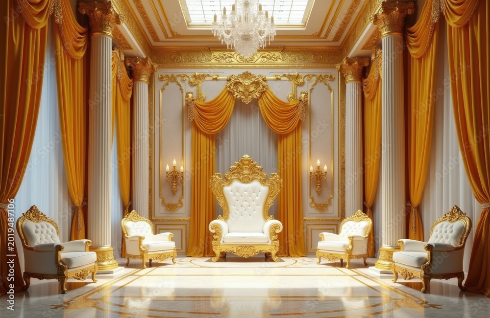 Fototapeta premium Ornate throne room interior with white upholstered seats. Golden trim decorates plush curtains, large columns, ornate wall patterns. Crystal chandelier hangs overhead, casting light on polished floor.
