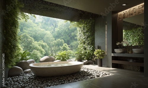 Luxurious bathroom with stone tub opens to lush green forest view
