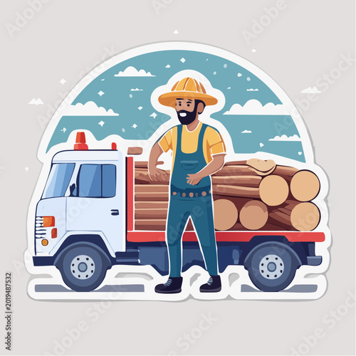 Lumberjack with Truck Loaded with Logs