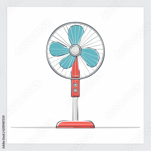 Illustration of a Red and Blue Pedestal Fan