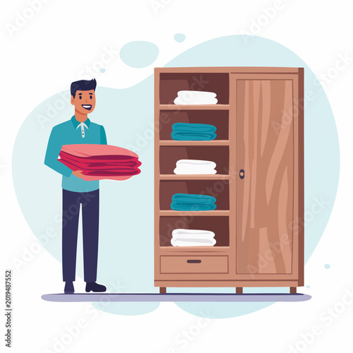 Man Holding Folded Laundry Next to Wardrobe