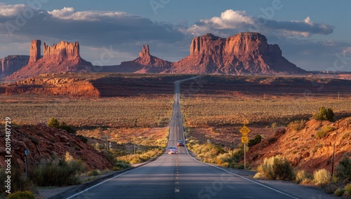 Straight desert highway leads to iconic red rock formations under cloudy sky