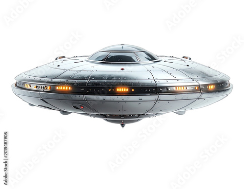 A highly detailed rendering of a classic, metallic UFO with illuminated windows against a stark black background.