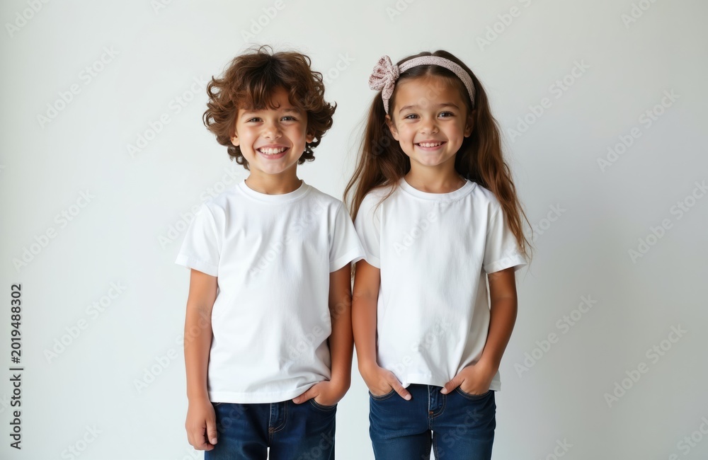 Fototapeta premium Two happy Caucasian kids stand together wearing plain white t-shirts and blue jeans. They smile at the camera with hands in pockets, ready for custom logo prints.
