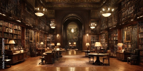 Luxurious library with towering bookshelves, ornate tables, and warm ambient lighting