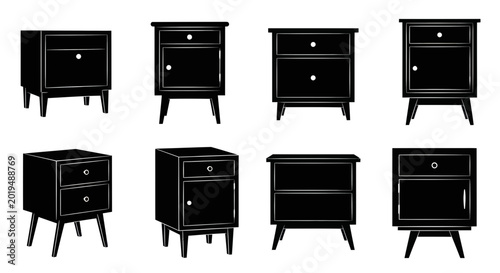 Fényképezés Collection of Vintage Nightstands, Mid-Century Modern Bedside Tables Silhouette