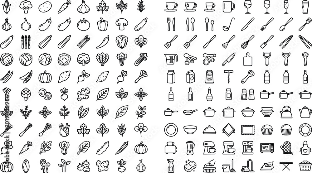 Fototapeta premium Set of 60 Food, Cooking, and Kitchen Icons with Vegetables, Utensils, and Appliances in Minimalist Outline Style for Culinary, Home, and Design Use