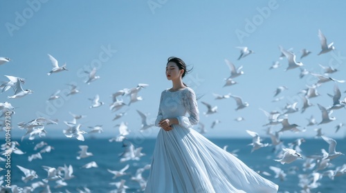 Beautiful woman in white dress standing surrounded by flying birds near the sea.