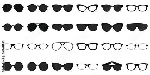 Group of different eyeglasses and sunglasses isolated on white. Collection of optical accessories featuring various frame designs and lens colors.