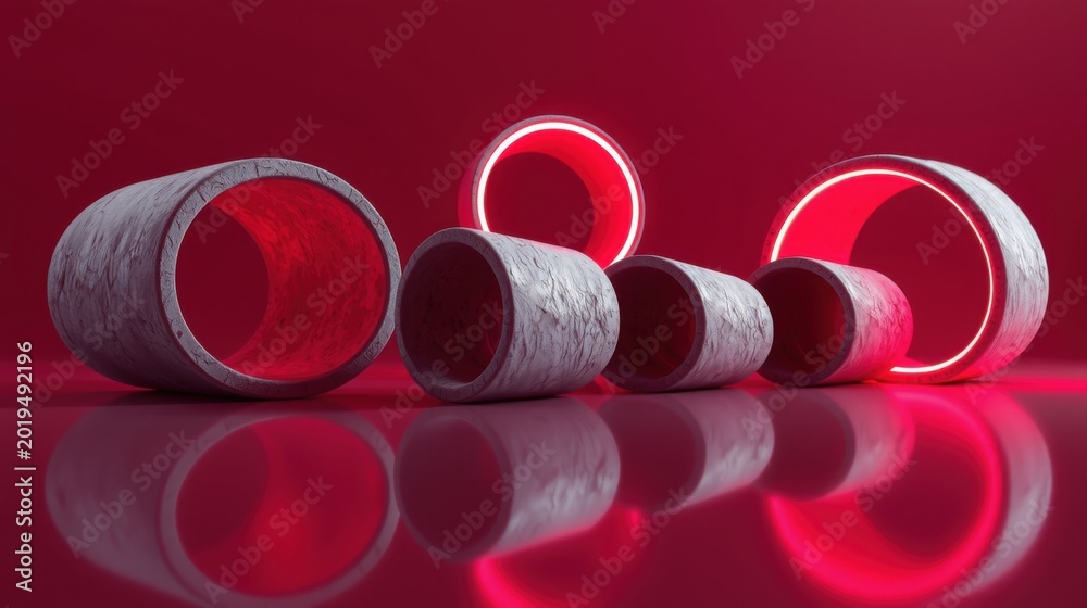 Fototapeta premium Abstract composition featuring cylindrical forms, illuminated with vibrant red neon glow. Reflective surface creates dramatic visual effect.