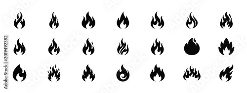 Bild auf Leinwand Black fire flame icons set, 21 minimalist bonfire and blaze silhouettes, flat ve