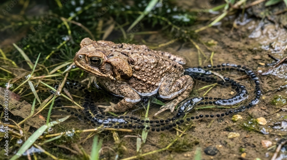 Fototapeta premium A toad with a long tail in a muddy water body with grass and plants.