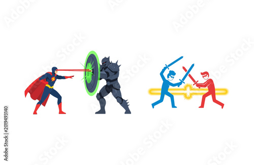 Obraz na plátně Superheroes fighting villains and heroes battling each other with lasers and swo
