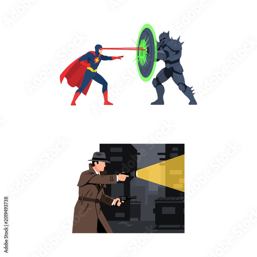 Tablou pe pânză Superhero battles villain with laser vision while detective shines light on crim