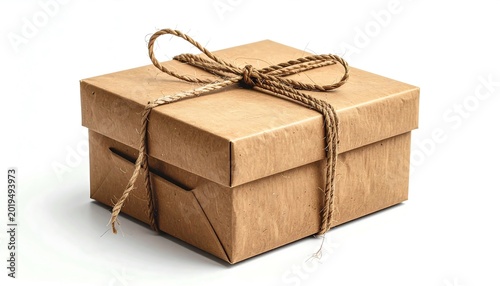 Rustic Brown Gift Box Tied with Twine on White Background