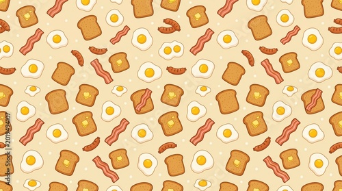 Seamless pattern of breakfast food items like toast bacon and fried eggs on a yellow background